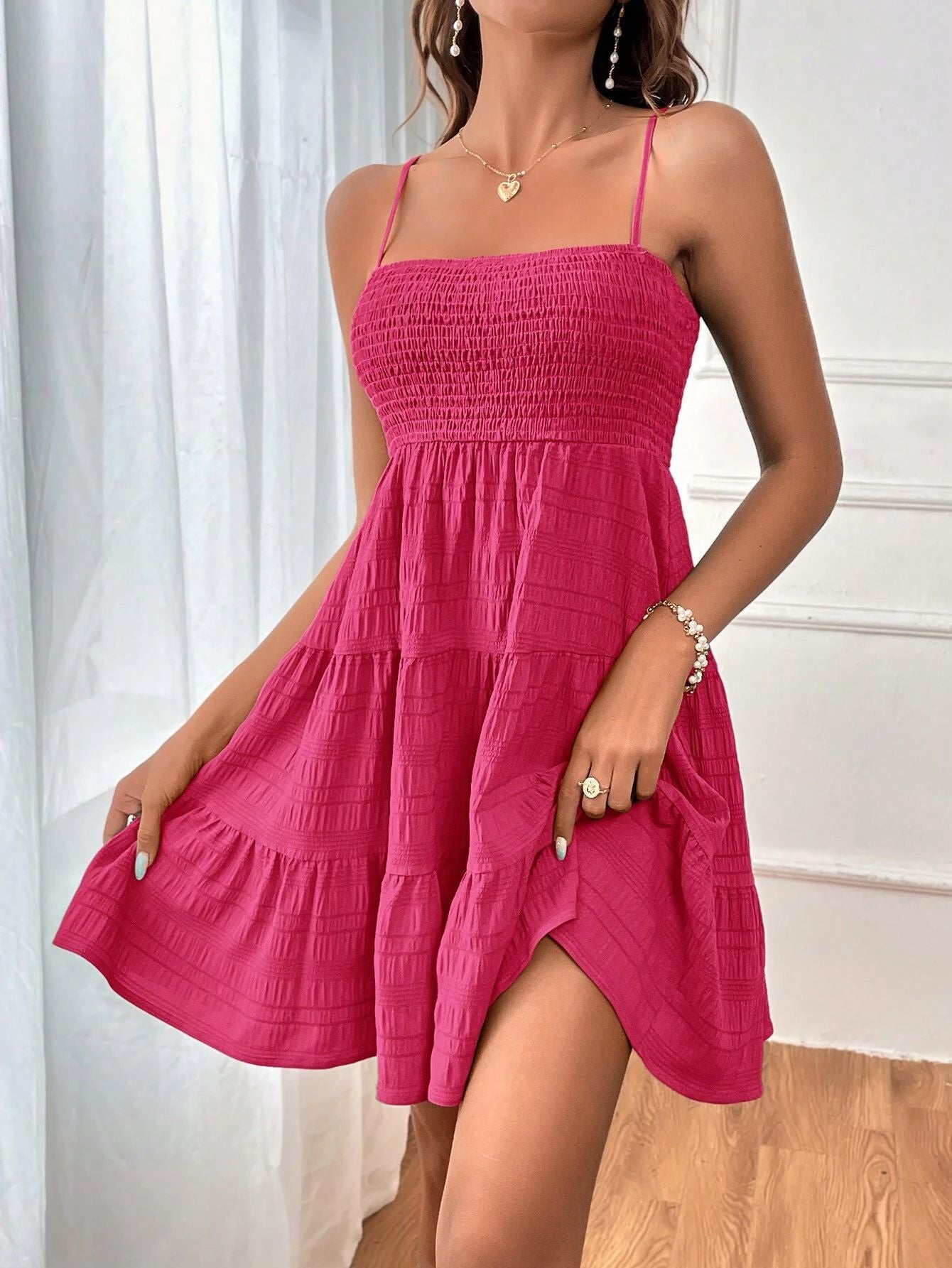 Women Clothing Summer off Neck Camisole Solid Color All Matching Texture Dress by Ragazza