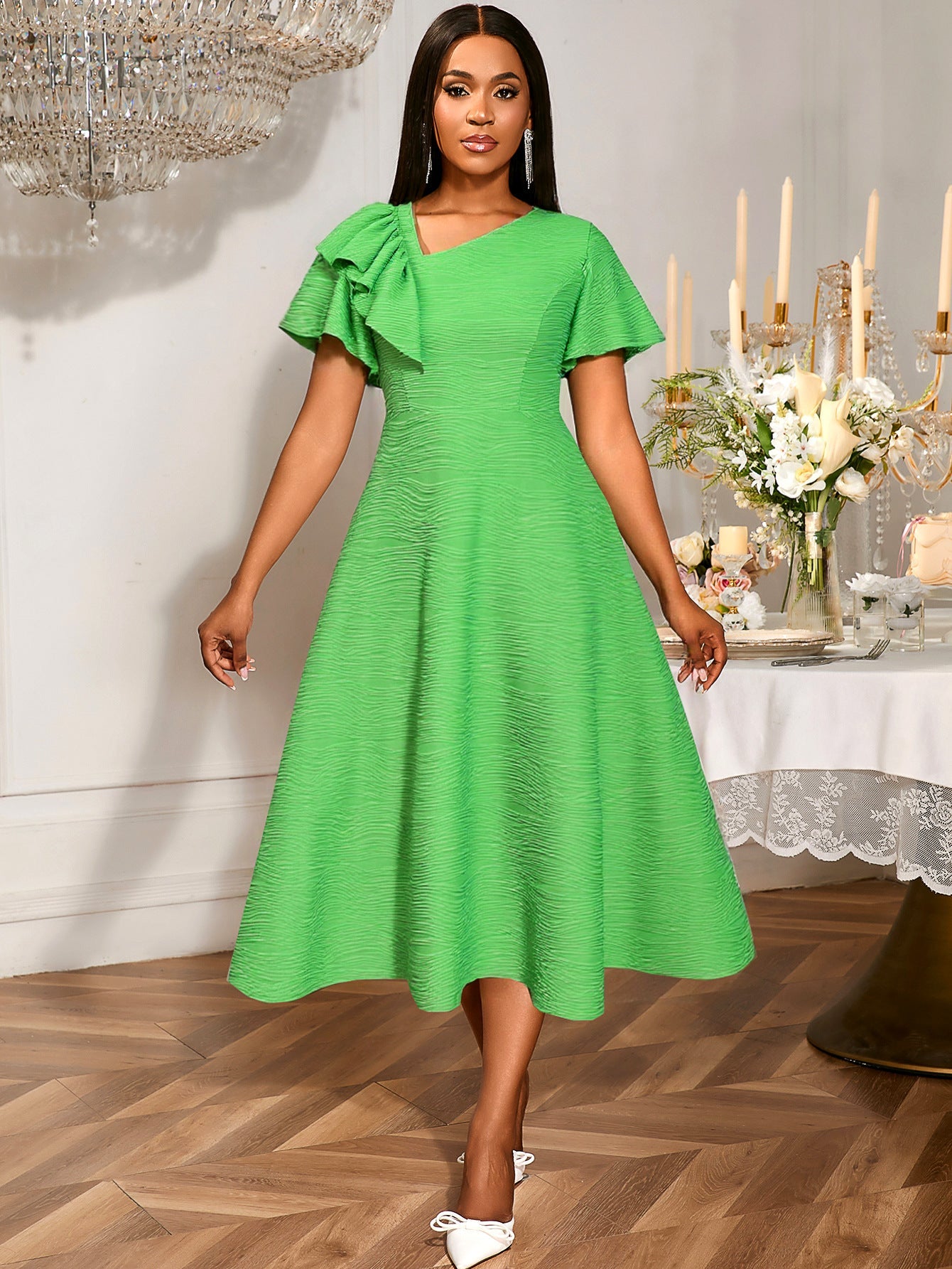 Water Ripple Diagonal Collar Party Dress Asymmetric Ruffled Waist A line Dress by Ragazza