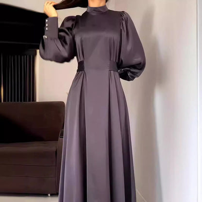 Autumn Waist Solid Color Long Sleeve Slim Fit Belt Retro Dress by Ragazza
