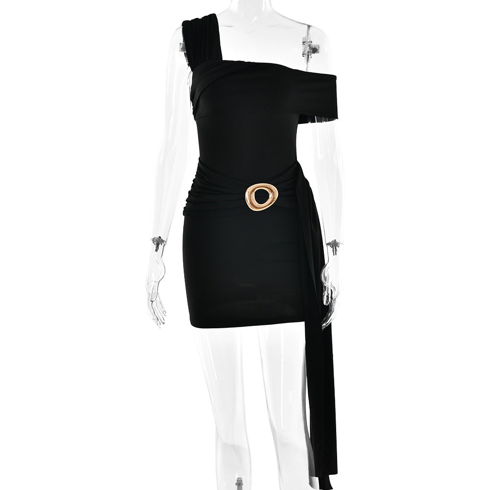 Women One Shoulder Sexy Ruffle Hip Short Dress by Ragazza