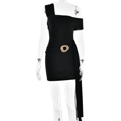 Women One Shoulder Sexy Ruffle Hip Short Dress by Ragazza