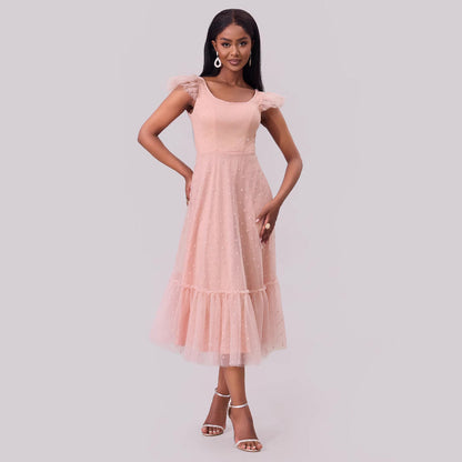 Women Clothing Flying Sleeves Pleating Layered Short Sleeve Large Swing Dress by Ragazza
