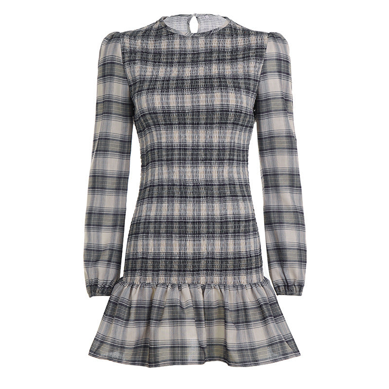 Women Plaid Pleated Casual Long Sleeved Dress Contrast Color round Neck Pleated Dress by Ragazza