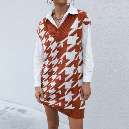 Women Wear Casual Long Sleeve Houndstooth Fall Winter Sweater Dress Outer Wear by Ragazza