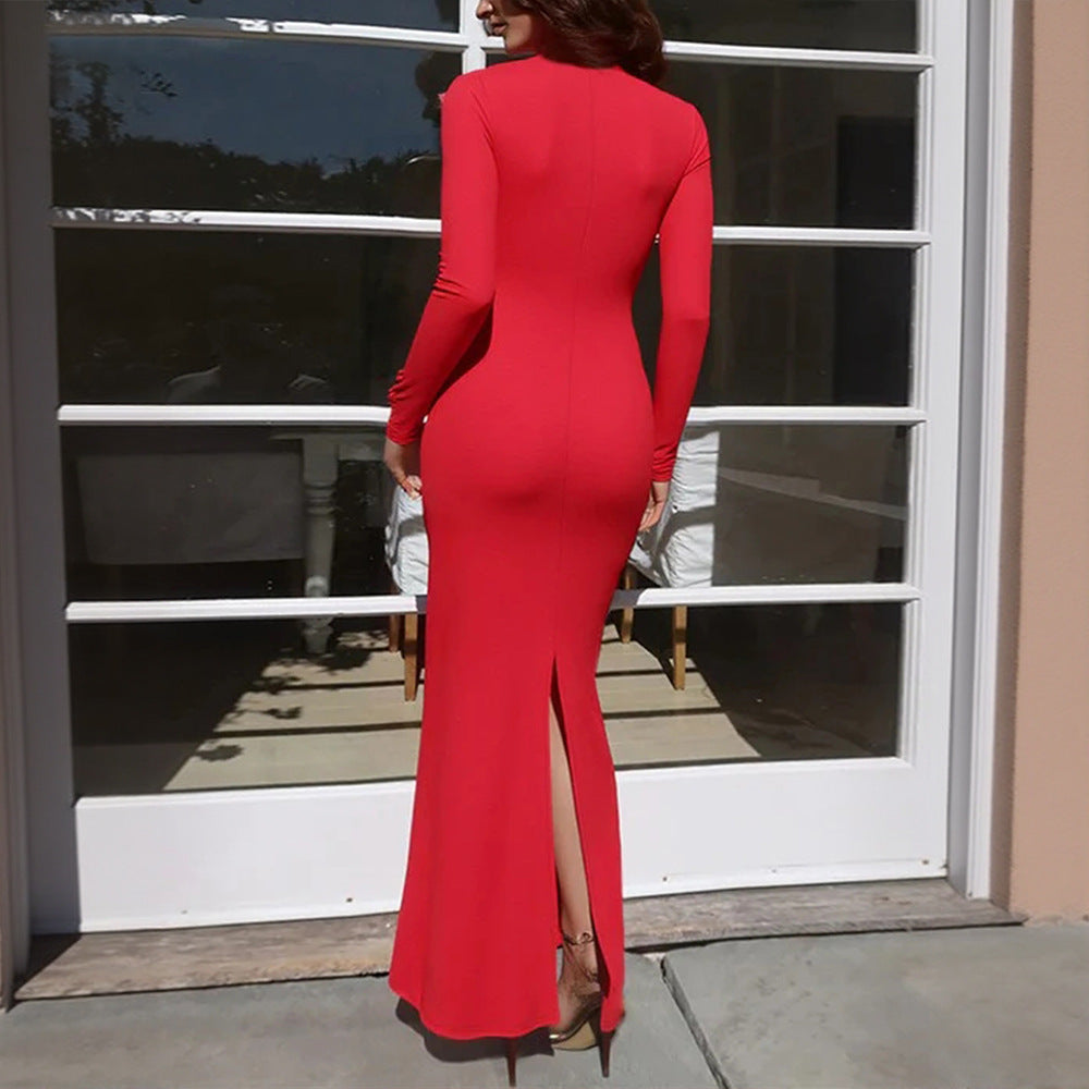 Red V neck Lace Stitching Long Sleeved Slim Fit Sheath Fishtail Dress Elegant Sexy Dress by Ragazza