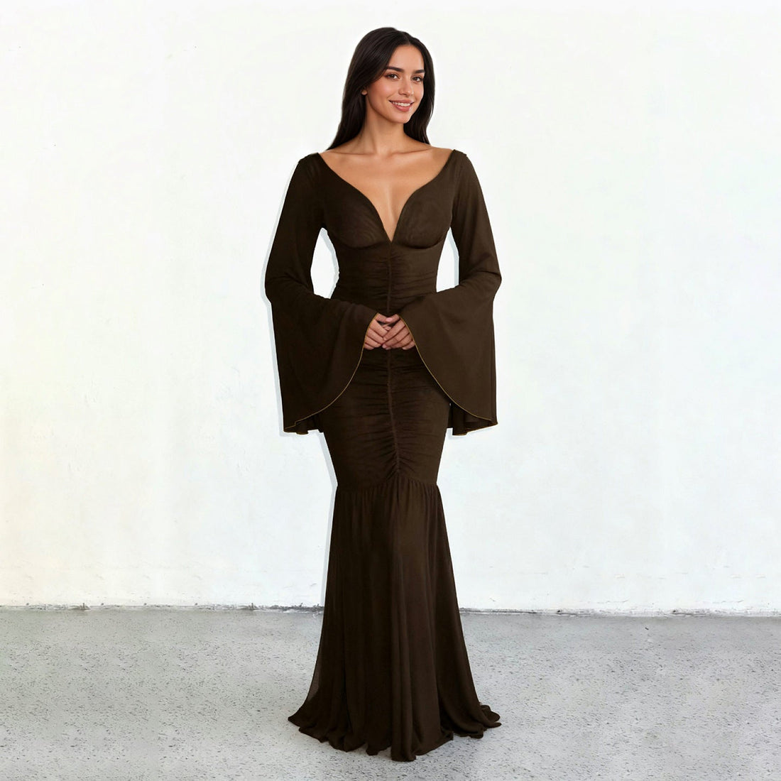 Elegant Deep V Plunge neck Pleated Mesh Patchwork Flared Sleeves Cocktail Dress Mop Formal Dress by Ragazza