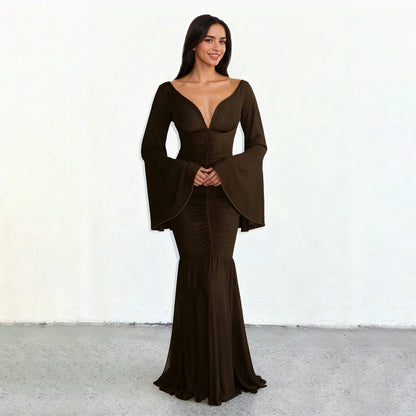 Elegant Deep V Plunge neck Pleated Mesh Patchwork Flared Sleeves Cocktail Dress Mop Formal Dress by Ragazza