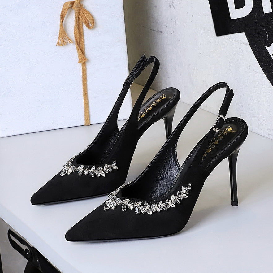 Cocktail High Heels Stiletto Heel Pointed Toe Rhinestone Shallow Mouth Suede Back Empty Back Strap Super High Heel Shoes  DestGlow
