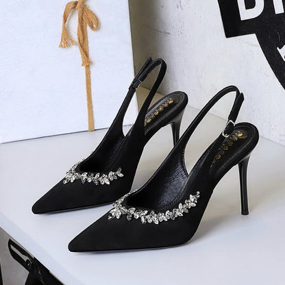 Cocktail High Heels Stiletto Heel Pointed Toe Rhinestone Shallow Mouth Suede Back Empty Back Strap Super High Heel Shoes  DestGlow