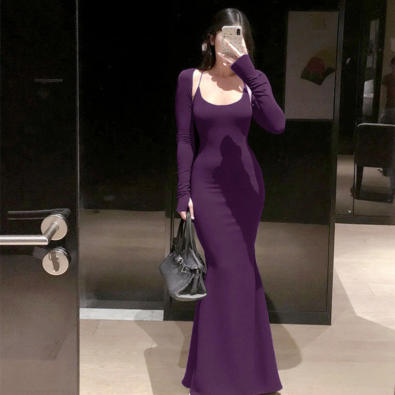 Women Clothing Autumn Sexy U Neck Sling Backless Dress Long Sleeve Waistcoat by Ragazza