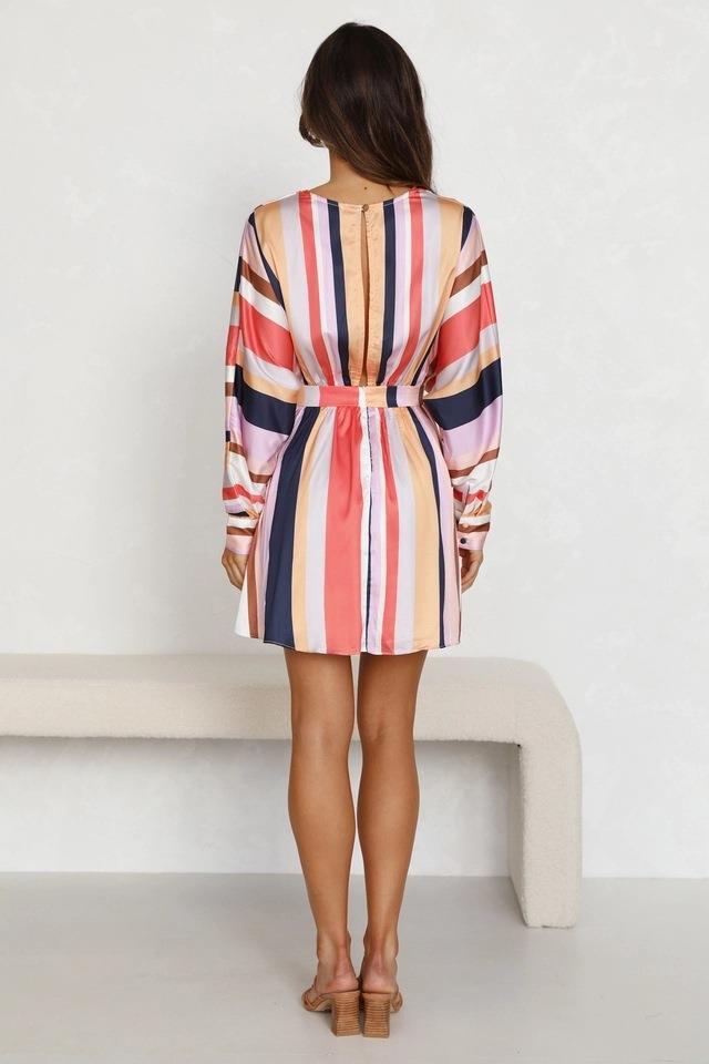 Autumn V neck Long Sleeve Color Striped Slim Dress for Women by Ragazza