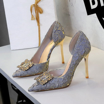 French Rhinestone Square Buckle Side Hollow Out Cutout Slip on Super High Heel Satin Gentle Elegant Stiletto Wedding Shoes  DestGlow