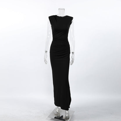 Adult Lady like Woman Wind Black Sleeveless Padded Shoulder Slim Fit Slit Sexy Dress Women Clothing Slimming Elegant Dress by Ragazza