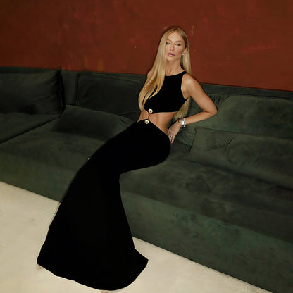 Fall Women Clothing Sexy Waist Hollow Out Cutout out Maxi Dress round Neck Sleeveless Solid Color Dress by Ragazza