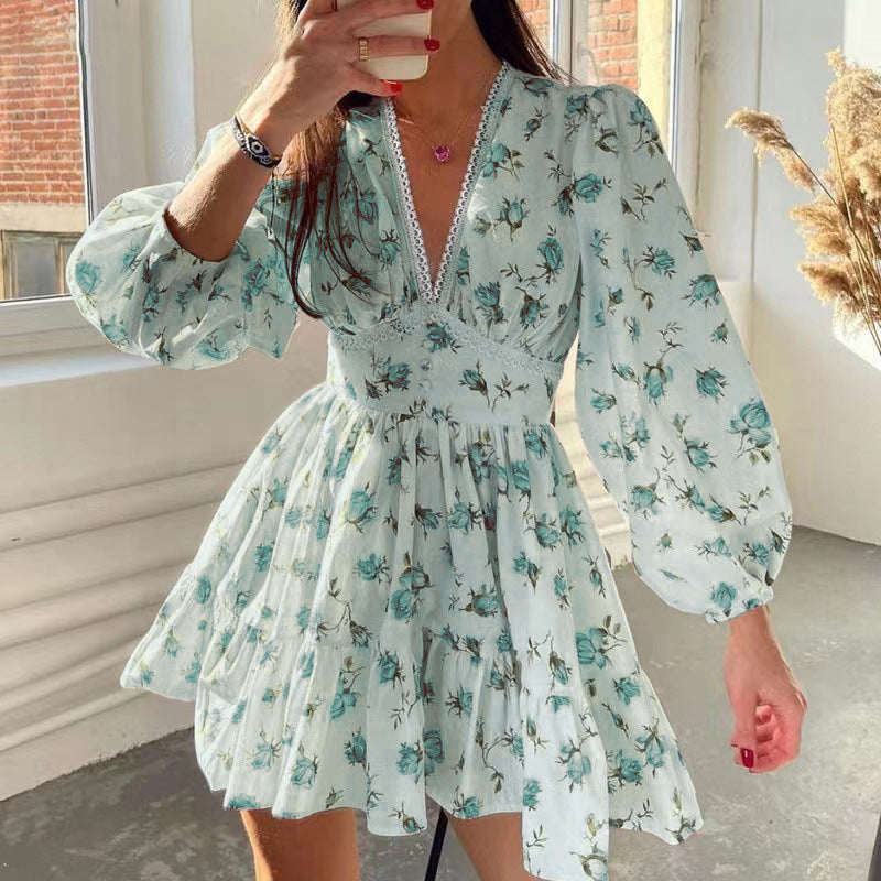 Spring Women Clothing Sweet Elegance Printed V neck Lace Waist Trimming Short Dress by Ragazza