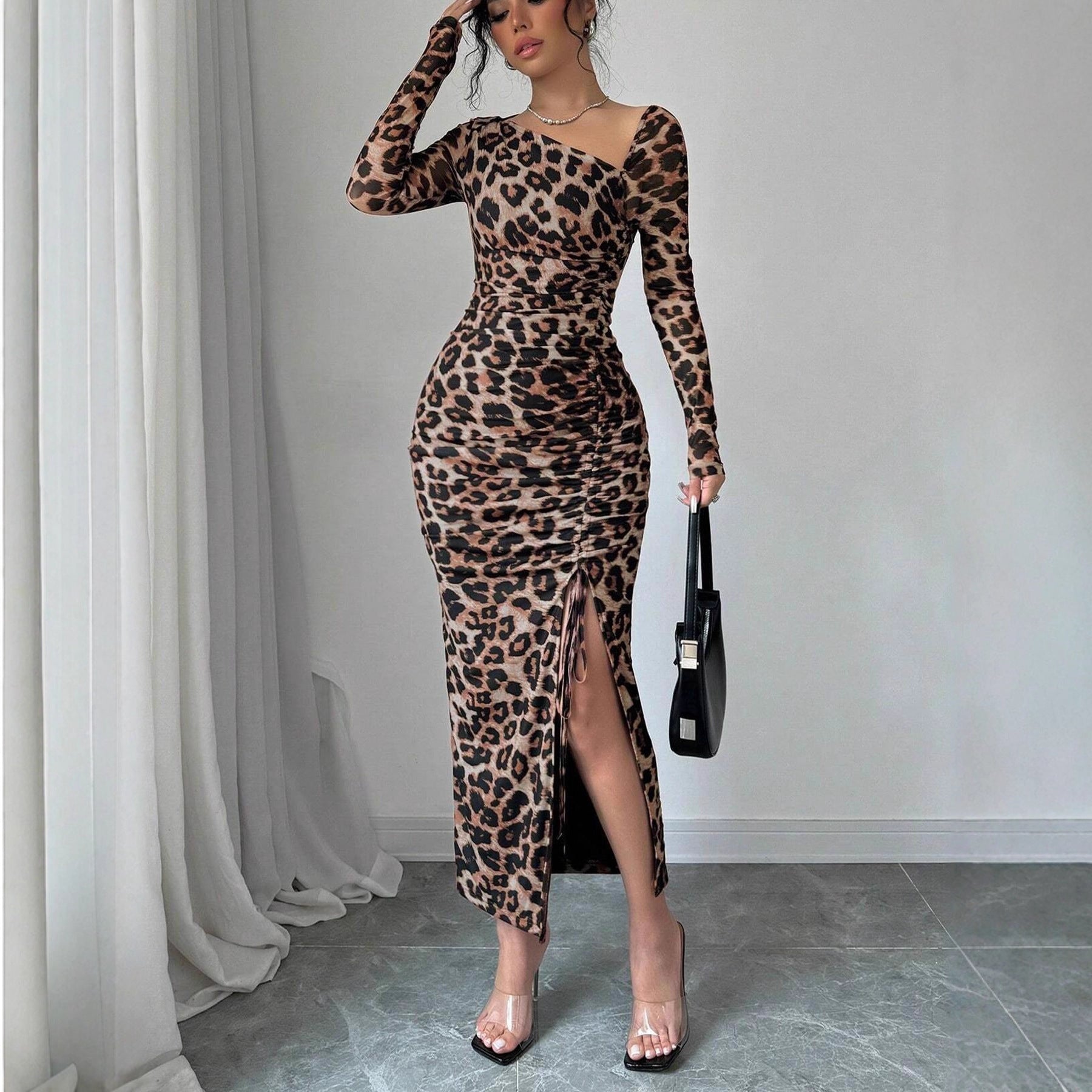 Leopard Print Dress Autumn Winter Sexy Slim Hip Sexy Long Sleeve Inner Wear Office by Ragazza