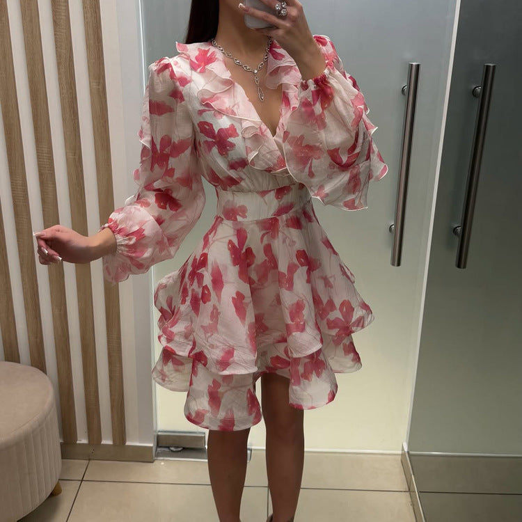 Ruffled Printed French Dress Women V neck Long Sleeve Waist A line Dress  DestGlow