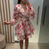Ruffled Printed French Dress Women V neck Long Sleeve Waist A line Dress  DestGlow