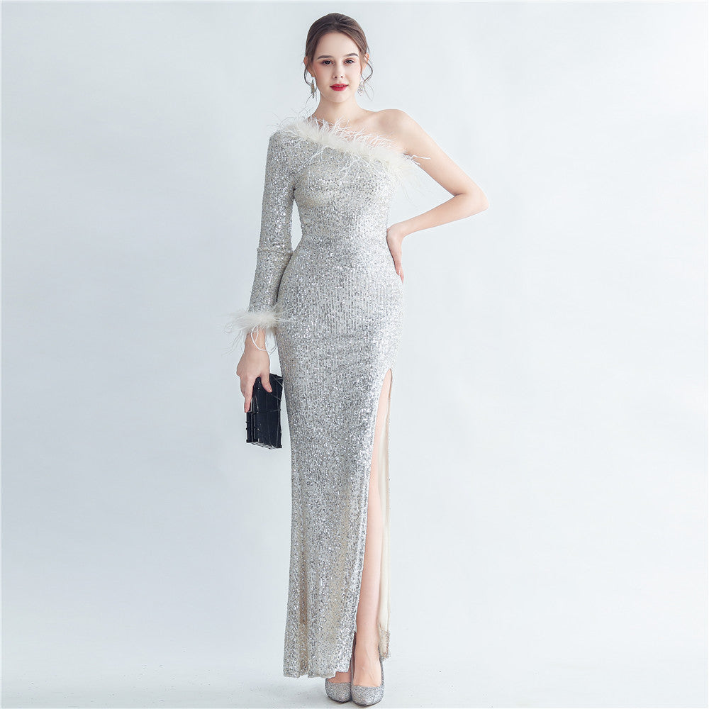 Craft Ostrich Feather Decorative Diagonal Shoulder Roman Collar Side Slit High End Evening Dress by Ragazza