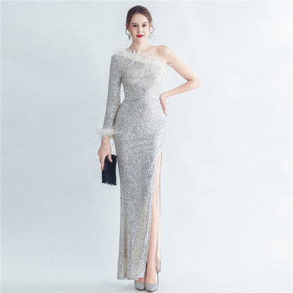 Craft Ostrich Feather Decorative Diagonal Shoulder Roman Collar Side Slit High End Evening Dress by Ragazza