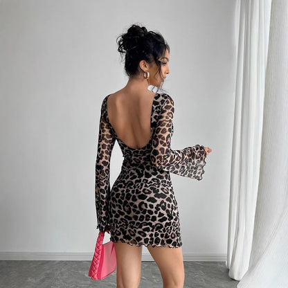 Spring Summer Lady Sexy Leopard Print Backless Flare Sleeve Mesh Dress by Ragazza