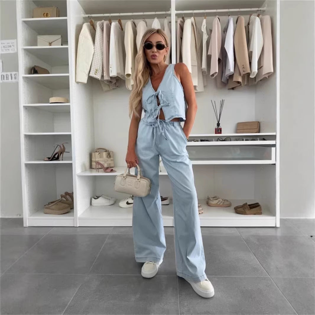 Women Spring Summer Sleeveless Lace up Vest Lace up Wide Leg Jeans Denim Set by Ragazza