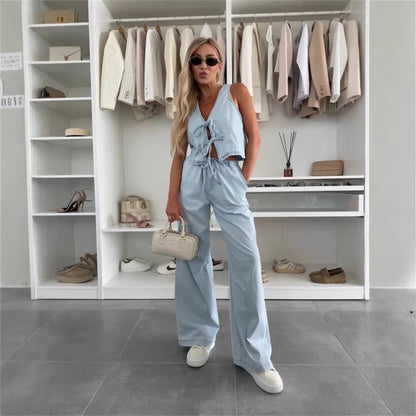 Women Spring Summer Sleeveless Lace up Vest Lace up Wide Leg Jeans Denim Set by Ragazza