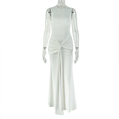 Women One Step Elegant Pleated Hip Dress round Neck Lace up Sleeveless Solid Color Maxi Dress