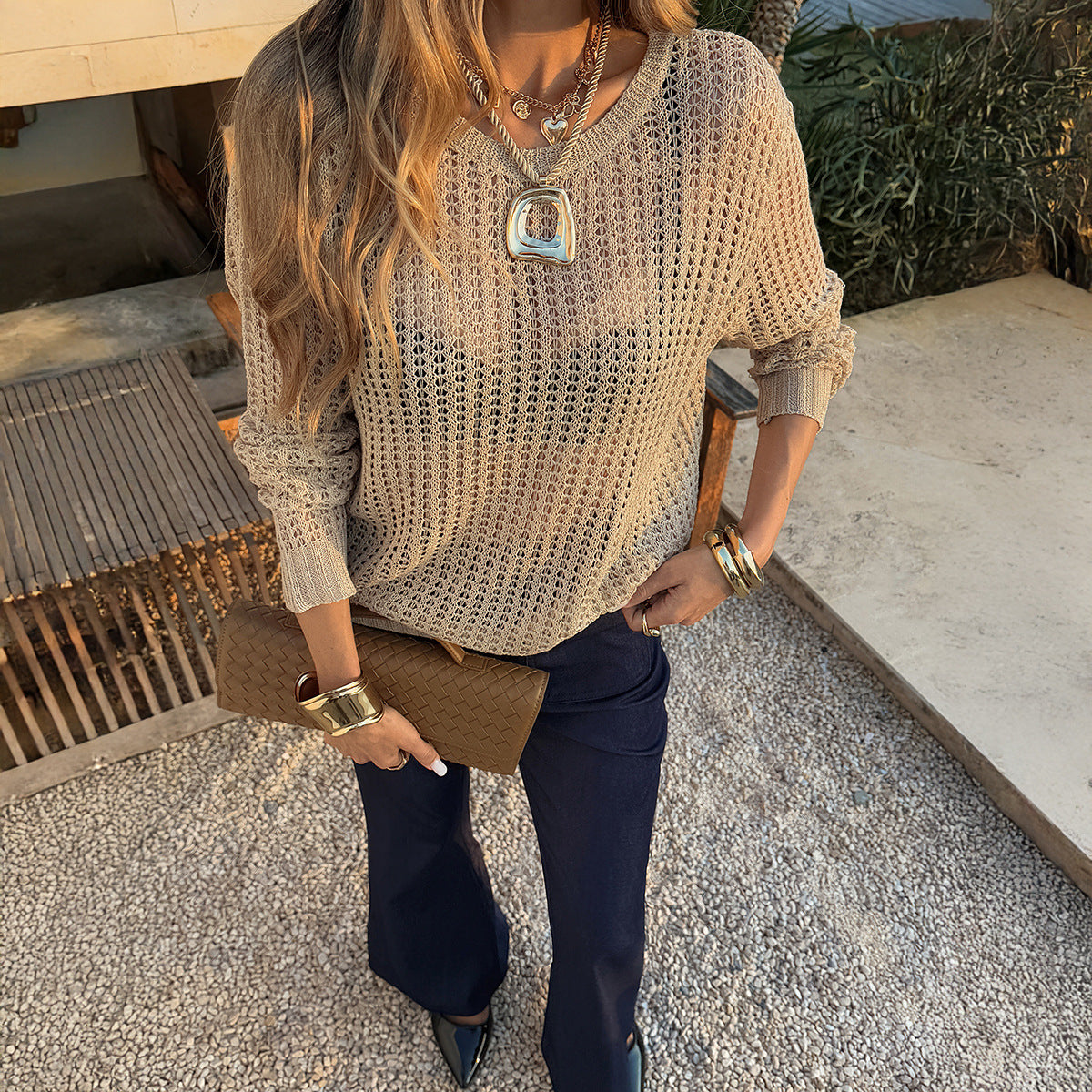 Spring Summer Women Clothing Hollow Out Cutout Loose round Neck Woolen Vacation Top Women by Ragazza