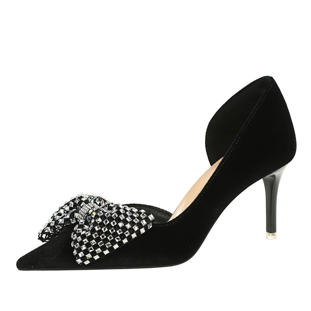 Super Large Rhinestone Bow Pointed Slip on Side Hollow Out Cutout Suede Pumps Women  DestGlow