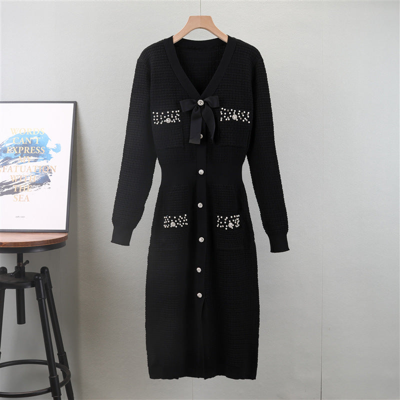 Classic V neck French Slim Knit Dress Fall Winter Women Design Maxi Dress  DestGlow