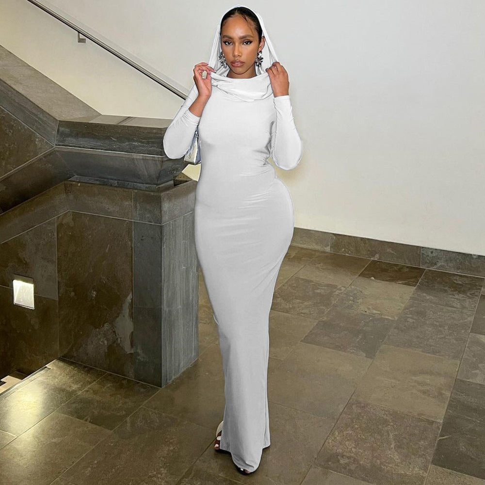 Women Clothing Summer Hooded High Elastic Long Sleeve Split Elegant Slim Dress by Ragazza