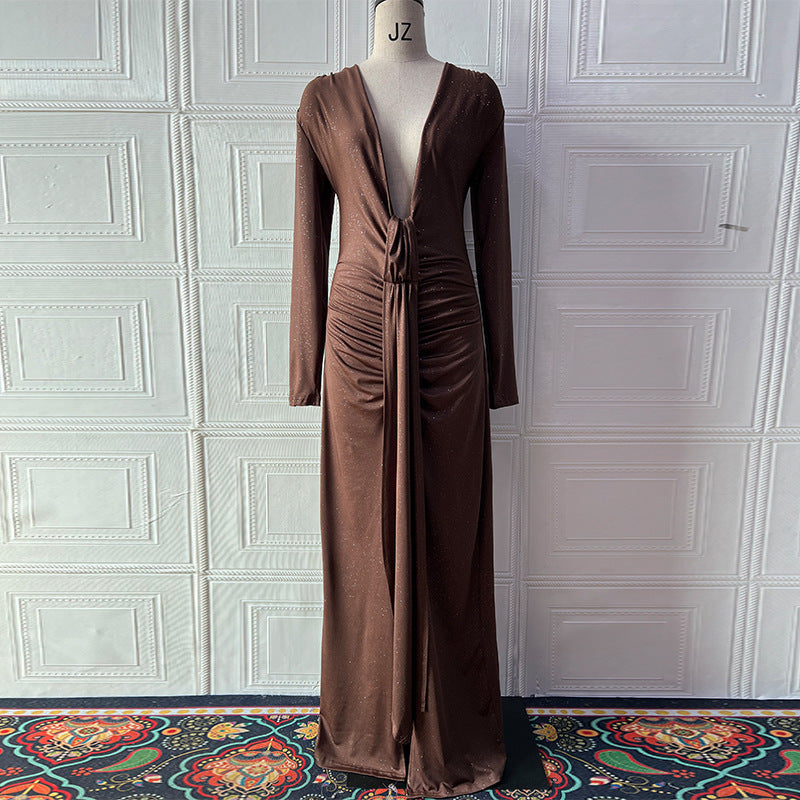 Sexy Slim Fit Deep V Plunge neck Dress Pleated Lace up Long Sleeve Sheath by Ragazza