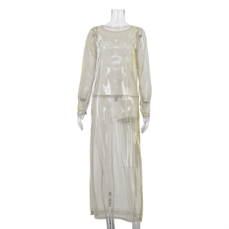Women Clothing See through round Neck Long Sleeve Split Sun Protection Sexy Dress by Ragazza