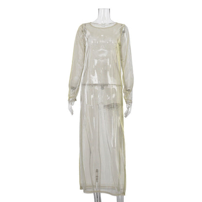 Women Clothing See through round Neck Long Sleeve Split Sun Protection Sexy Dress by Ragazza