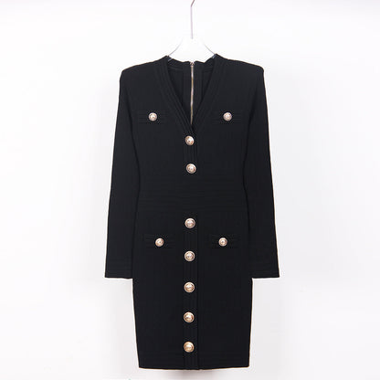 High Quality Knitted Fabric V neck Slim Fit Slimming Long Sleeves Dress by Ragazza