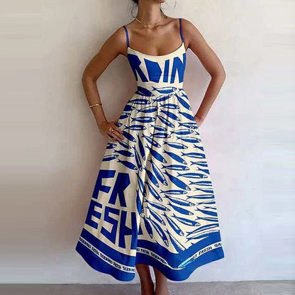 Spring Women Clothing Printing Pleated Waist Tight Large Swing Sling Dress by Ragazza