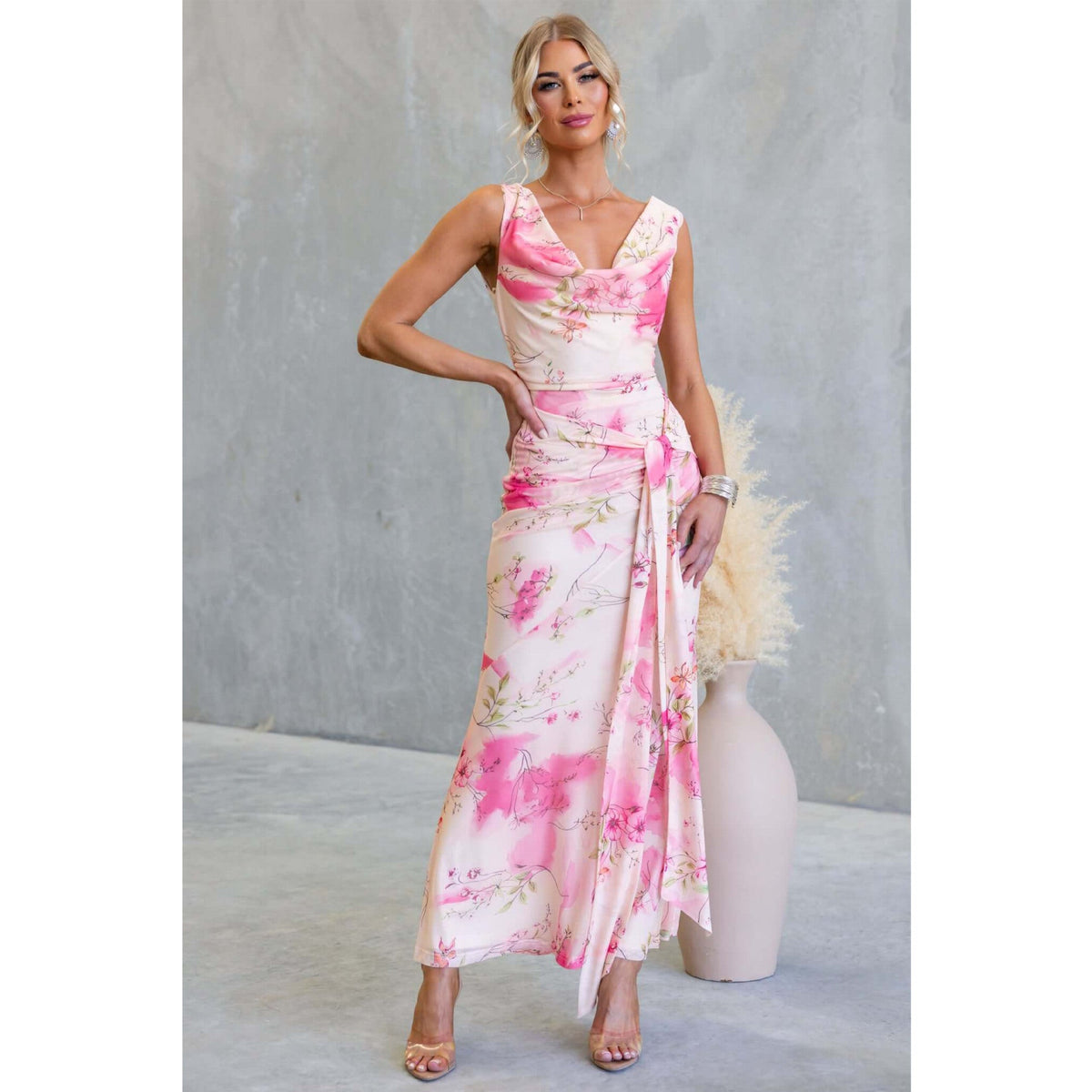 Spring Summer Floral Printed Mesh Slim Fit Backless Sexy Lacing Mid Length Dress  DestGlow