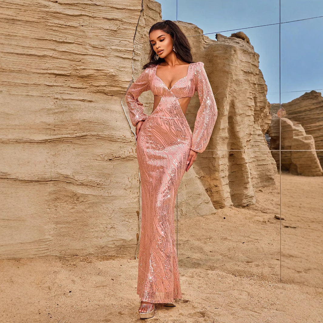 Women Evening Dresses Long Sleeve Beauty V neck Sexy Backless Dress Long Sequined Women Clothing Dress by Ragazza