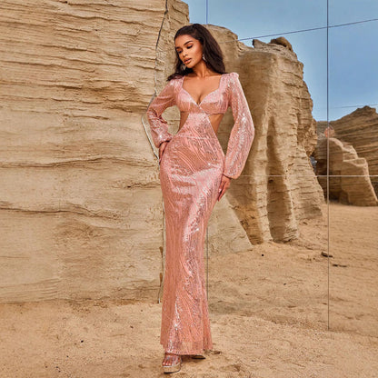 Women Evening Dresses Long Sleeve Beauty V neck Sexy Backless Dress Long Sequined Women Clothing Dress by Ragazza