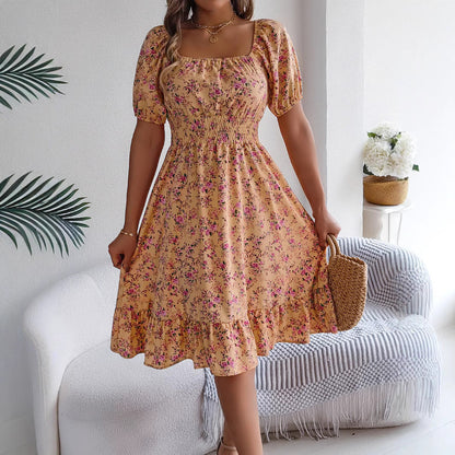 Spring Summer Floral Square Collar Short Sleeve Waist Controlled Ruffled A line Women Clothing by Ragazza