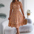 Spring Summer Floral Square Collar Short Sleeve Waist Controlled Ruffled A line Women Clothing by Ragazza
