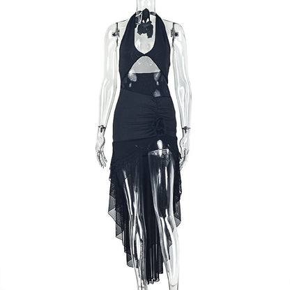 Women Clothing Sheath Pleated Floral Asymmetric Dress V neck Sleeveless Dovetail Backless Short Dress