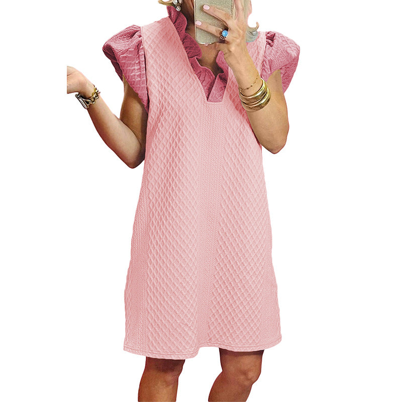 Spring Pullover V Neck Dress Women Simple Ruffled Loose Short Dress Women by Ragazza