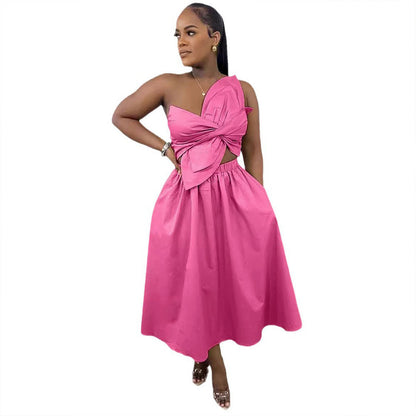Sexy Solid Color Smocking One Shoulder Petal Hollow Out Cutout out Dress by Ragazza