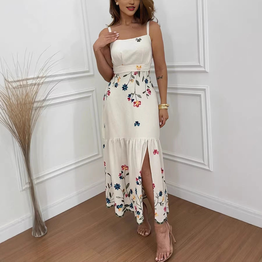 Spring Summer Suspender Positioning Floral Print Slit Dress Loose Vacation Dress  DestGlow