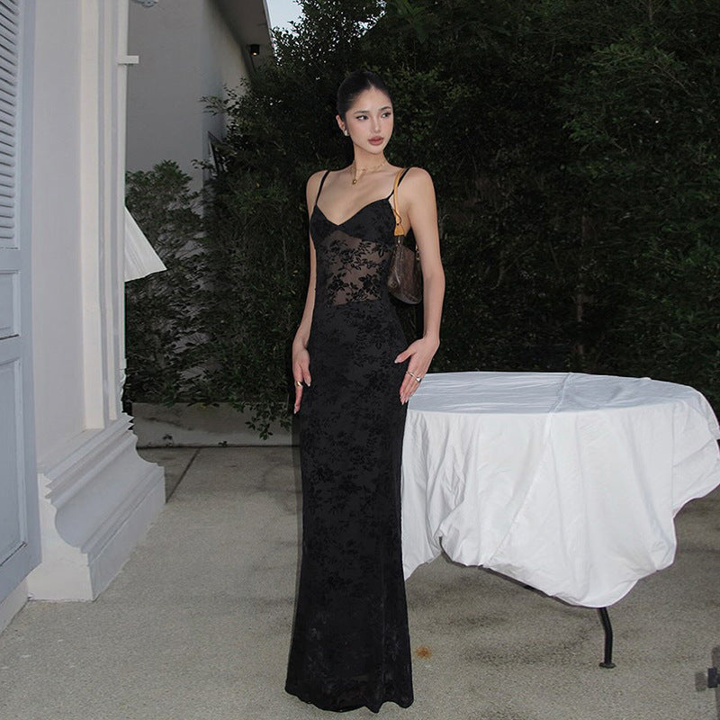 Spring Summer Women Mesh Sexy See through V neck Backless Slim Fit Sling Dress by Ragazza