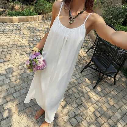 Women Clothing Summer French Vacation White Texture Pleated Dress  DestGlow