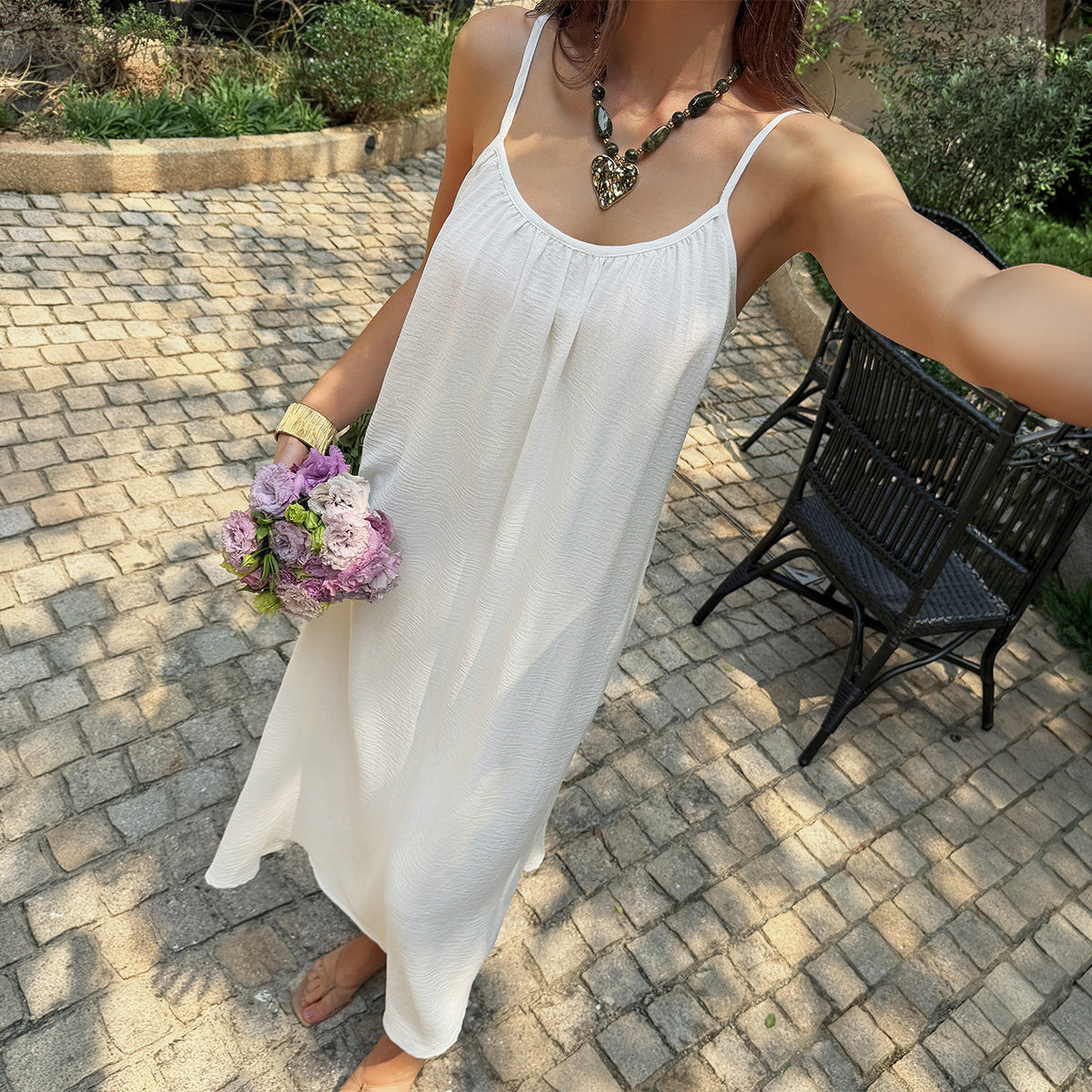Women Clothing Summer French Vacation White Texture Pleated Dress  DestGlow