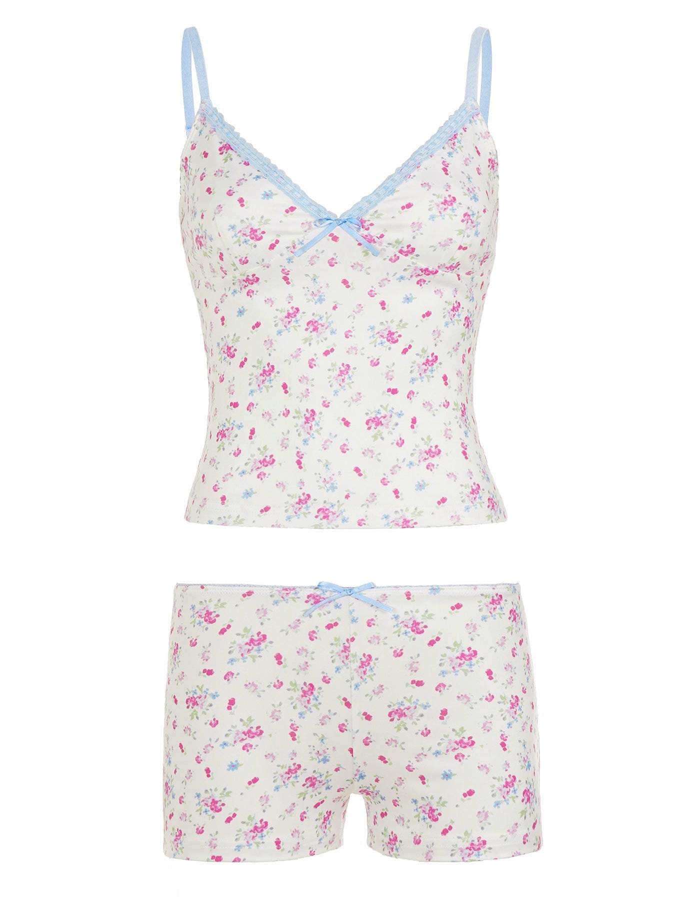 Summer Women Floral Bow V neck Sexy Suspender Shorts Two Piece Set by Ragazza